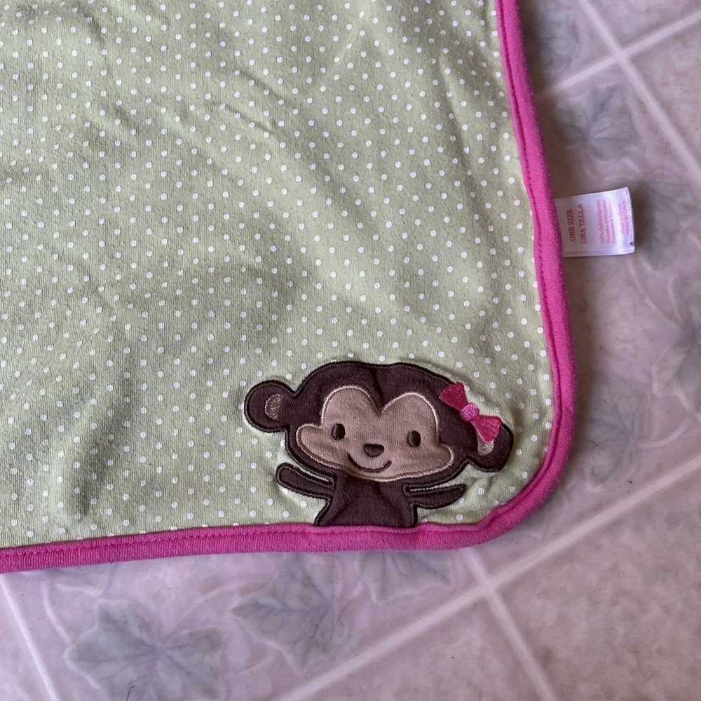 Carters Child of Mine Appliqué' Monkey Polka Dot Pink Green Cotton Baby Blanket